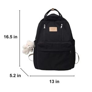 AONUOWE Preppy Backpack with Plushies Cute Backpack for Teen Girls Light Academia Bookbags Solid Aesthetic School Bag (Black)