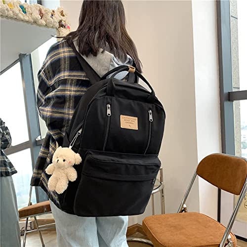 AONUOWE Preppy Backpack with Plushies Cute Backpack for Teen Girls Light Academia Bookbags Solid Aesthetic School Bag (Black)
