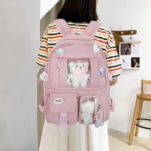 Stylifeo Kawaii Backpack with Cute Cow Plush Kawaii Pin Accessories Large Capacity Aesthetic School Bags Cute Bookbag for Girls Teen Pink