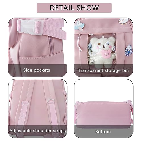 Stylifeo Kawaii Backpack with Cute Cow Plush Kawaii Pin Accessories Large Capacity Aesthetic School Bags Cute Bookbag for Girls Teen Pink