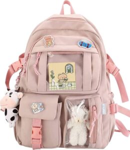 stylifeo kawaii backpack with cute cow plush cute pin accessories large capacity aesthetic school bags cute bookbag for girls teen (pink)