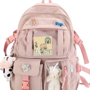 Stylifeo Kawaii Backpack with Cute Cow Plush Cute Pin Accessories Large Capacity Aesthetic School Bags Cute Bookbag for Girls Teen (Pink)