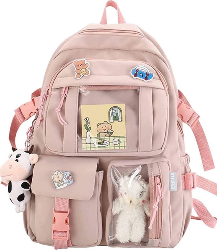 Stylifeo Kawaii Backpack with Cute Cow Plush Cute Pin Accessories Large Capacity Aesthetic School Bags Cute Bookbag for Girls Teen (Pink)