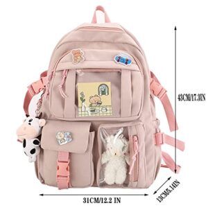 Stylifeo Kawaii Backpack with Cute Cow Plush Cute Pin Accessories Large Capacity Aesthetic School Bags Cute Bookbag for Girls Teen (Pink)