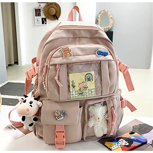 Stylifeo Kawaii Backpack with Cute Cow Plush Cute Pin Accessories Large Capacity Aesthetic School Bags Cute Bookbag for Girls Teen (Pink)