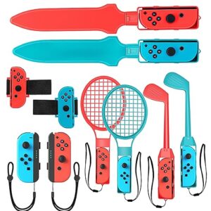 brhe nintendo switch sports accessories bundle10 in 1 family accessories kit for switch sports games:tennis rackets,golf clubs for mario golf super rush,soccer leg straps,sword grips for chambara game