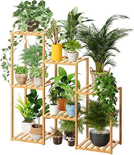 Bamboo Plant Stand Indoor Plants Multiple Plant Stands Wood Outdoor Tiered Plant Shelf for Multiple Plants, 7 Potted Ladder Plant Holder Table Plant Pot Stand for Window Garden Balcony Living Room