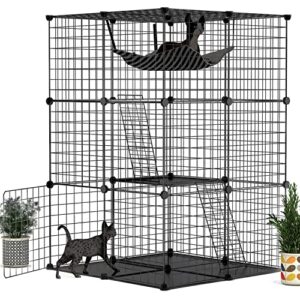 ikare cat cage diy indoor pet home small animal house detachable playpen with 3 doors 3 tiers for kitten puppy bunny exercise. (black，27.6 x 27.6 x 41.3inch)