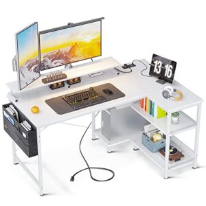 odk l shaped 48 inch computer desk with usb charging port & power outlet, l-shaped corner desk with storage shelves & monitor shelf for home office workstation, modern writing table, white