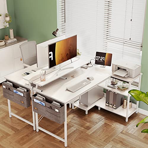 ODK L Shaped 48 Inch Computer Desk with USB Charging Port & Power Outlet, L-Shaped Corner Desk with Storage Shelves & Monitor Shelf for Home Office Workstation, Modern Writing Table, White