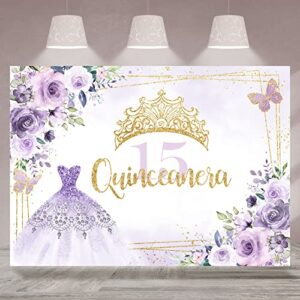 rsuuinu quinceañera 15th birthday backdrop purple floral rose gold spots photography background mexico flower fifteen crown princess birthday party decorations banner supplies photo booth props 7x5ft