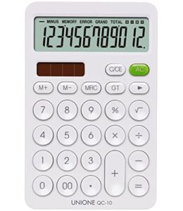 unione white calculator with a bright lcd, dual power handheld desktop. color. business, office, high school (4×6.6in)