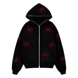 kaipiclos skeleton hoodie men women full zip up hoodie over face oversized graphic rhinestone skull streetwear jacket (black red spider, s)