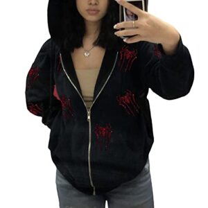 Kaipiclos Skeleton Hoodie Men Women Full Zip Up Hoodie Over Face Oversized Graphic Rhinestone Skull Streetwear Jacket (Black Red Spider, S)