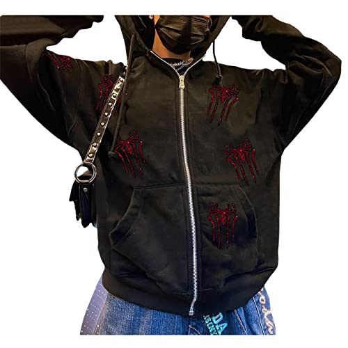 Kaipiclos Skeleton Hoodie Men Women Full Zip Up Hoodie Over Face Oversized Graphic Rhinestone Skull Streetwear Jacket (Black Red Spider, S)