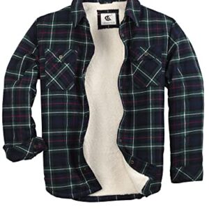 COEVALS CLUB Men's Flannel Shacket Casual Button Snap Sherpa Quilted Lined Plaid Premium Jacket Shirts(Green/Navy/Black #11 2XL)