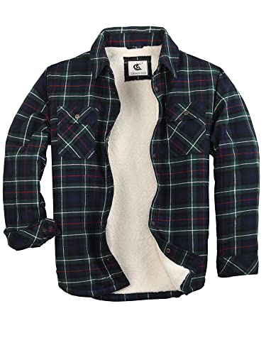 COEVALS CLUB Men's Flannel Shacket Casual Button Snap Sherpa Quilted Lined Plaid Premium Jacket Shirts(Green/Navy/Black #11 2XL)