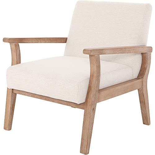 RIVOVA Mid Century Modern Accent Chair, Linen Upholstered Armchair Comfy Living Room Chairs Single Fabric Lounge Chair Reading Chair with Natural Solid Wood Frame, Beige