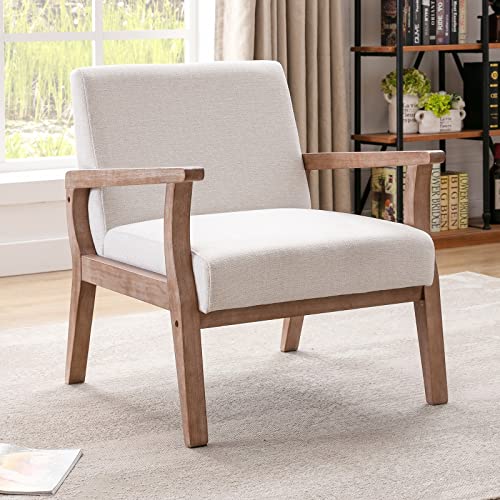 RIVOVA Mid Century Modern Accent Chair, Linen Upholstered Armchair Comfy Living Room Chairs Single Fabric Lounge Chair Reading Chair with Natural Solid Wood Frame, Beige