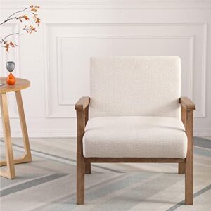 RIVOVA Mid Century Modern Accent Chair, Linen Upholstered Armchair Comfy Living Room Chairs Single Fabric Lounge Chair Reading Chair with Natural Solid Wood Frame, Beige