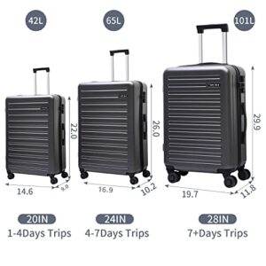 TydeCkare Luggage Sets 3 Piece (20/24/28) ABS+PC Suitcase Hardshell Lightweight Carry Ons with TSA Lock & Spinner Silent Wheels, Convenient for Trips, Gray