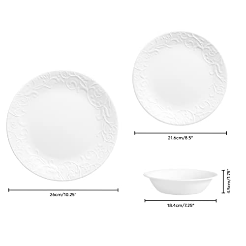 Corelle Dinnerware Set (12pc Set, Bella Faenza)-Dinner Set for 4, Includes 4 x: Plates, Side Plates & Bowls, 3 X More Durable, Half The Space & Weight of Ceramic, up to 80% Recycled Glass (1146912)