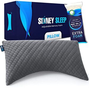 sidney sleep bed pillow for side and back sleepers - adjustable filling - memory foam pillow for neck and shoulder pain - customizable loft - queen size - additional foam bag included (grey)