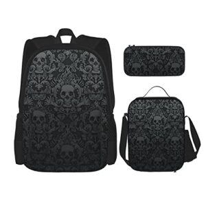 carlonge black skull gothic school backpack for boys girls teen 3 pieces set cute school bag with lunch bag pencil case, one size