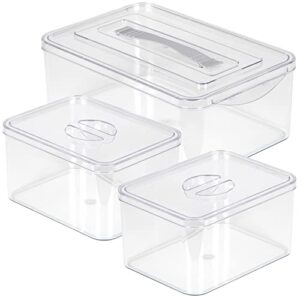 richards homewares plastic storage containers with lids for organizing - 1 large and 2 medium bins - clear box for closet, kitchen, pantry, garage, toys and shoes