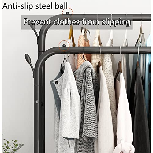 Mixfom Metal Garment Rail with Wheel, 6 Side Hooks and 4 Hanging Rail, Clothes Garment Coat Rack with 1-Tier Shelf, for Hanging Clothes, Coats, Skirts, Shirts, Sweaters