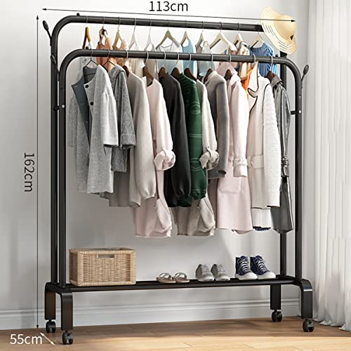 Mixfom Metal Garment Rail with Wheel, 6 Side Hooks and 4 Hanging Rail, Clothes Garment Coat Rack with 1-Tier Shelf, for Hanging Clothes, Coats, Skirts, Shirts, Sweaters