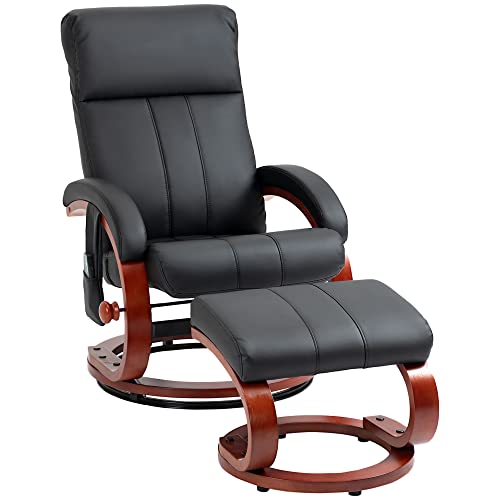 HOMCOM Recliner Chair with Ottoman, Electric Faux Leather Recliner with 10 Vibration Points and 5 Massage Mode, Reclining Chair with Remote Control, Swivel Wood Base and Side Pocket, Black