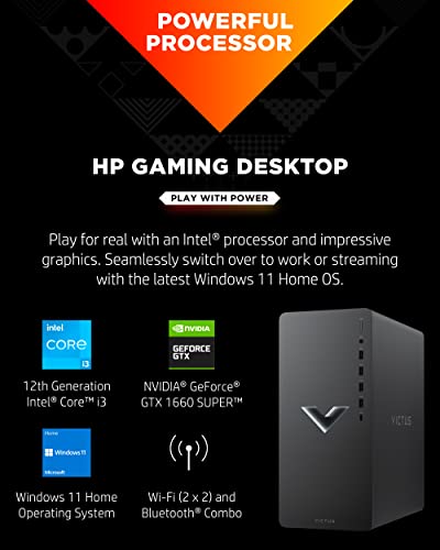 HP Victus 15L Gaming Desktop Bundle PC, NVIDIA GeForce GTX 1660 SUPER Graphics, 12th Generation Intel Core i3 Processor, 8 GB SDRAM, 256 GB SSD, Windows 11 Home OS, Wi-Fi & Bluetooth (TG02-0032,2022)