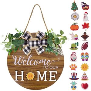 jpsor interchangeable seasonal welcome sign, round wood wreaths with 18 seasonal icons for front door, farmhouse home porch all seasons outside decor