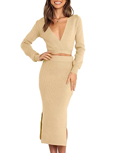 LOGENE Women's 2 Piece Outfit Ribbed Knit Long Sleeve Vneck Sweater Tops and Bodycon Split Midi Skirt Sweater 6L85-tuxing-S Apricot