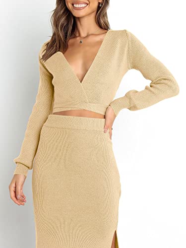 LOGENE Women's 2 Piece Outfit Ribbed Knit Long Sleeve Vneck Sweater Tops and Bodycon Split Midi Skirt Sweater 6L85-tuxing-S Apricot