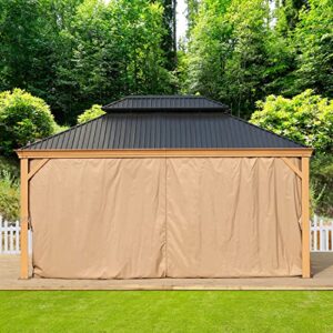 Aoodor 12’ x 16’Wooden Grain Coated Aluminum Gazebo Hardtop 2-Tier Black Steel Roof, Wooden Print Frame with Curtain&Netting for Patios, Gardens, Lawns