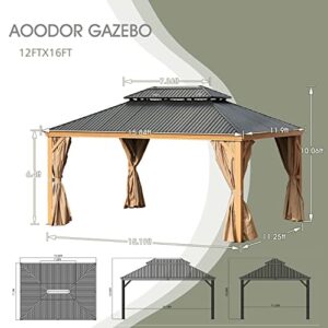 Aoodor 12’ x 16’Wooden Grain Coated Aluminum Gazebo Hardtop 2-Tier Black Steel Roof, Wooden Print Frame with Curtain&Netting for Patios, Gardens, Lawns