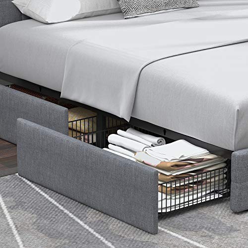 Allewie Upholstered Full Size Platform Bed Frame with 4 Storage Drawers and Headboard, Square Stitched Button Tufted, Mattress Foundation with Wooden Slats Support, No Box Spring Needed, Light Grey