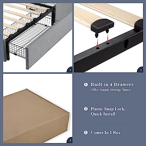 Allewie Upholstered Full Size Platform Bed Frame with 4 Storage Drawers and Headboard, Square Stitched Button Tufted, Mattress Foundation with Wooden Slats Support, No Box Spring Needed, Light Grey