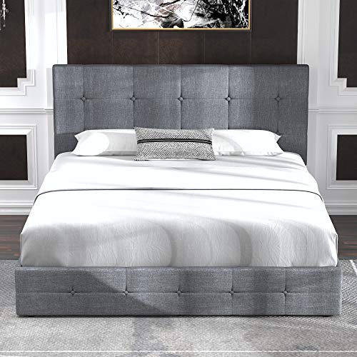 Allewie Upholstered Full Size Platform Bed Frame with 4 Storage Drawers and Headboard, Square Stitched Button Tufted, Mattress Foundation with Wooden Slats Support, No Box Spring Needed, Light Grey