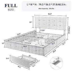 Allewie Upholstered Full Size Platform Bed Frame with 4 Storage Drawers and Headboard, Square Stitched Button Tufted, Mattress Foundation with Wooden Slats Support, No Box Spring Needed, Light Grey
