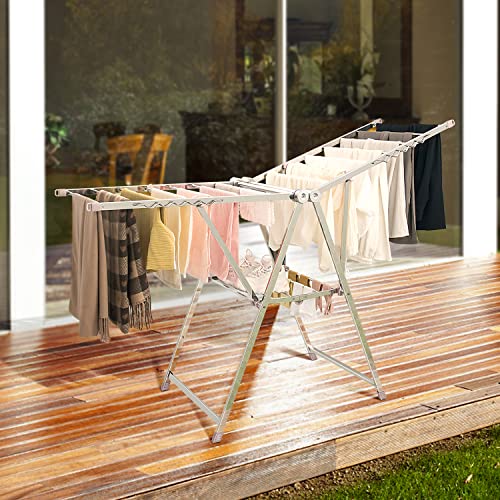 Duwee Clothes Drying Rack Clothes Airer,Foldable Clothes Horse Stainless Steel Clothes Drying Rack with Height-Adjustable Wings,Free-Standing Laundry Drying Rack for Indoor/Outdoor