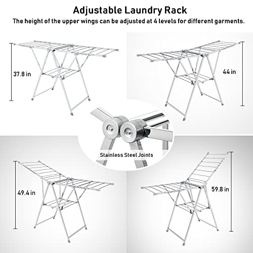 Duwee Clothes Drying Rack Clothes Airer,Foldable Clothes Horse Stainless Steel Clothes Drying Rack with Height-Adjustable Wings,Free-Standing Laundry Drying Rack for Indoor/Outdoor