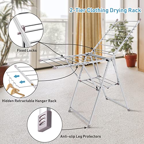 Duwee Clothes Drying Rack Clothes Airer,Foldable Clothes Horse Stainless Steel Clothes Drying Rack with Height-Adjustable Wings,Free-Standing Laundry Drying Rack for Indoor/Outdoor