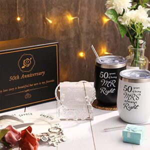 5 Pcs 50th Anniversary Wedding Gifts Set 50 Years Mr Right Mrs Always Right Insulated Wine Tumbler Heart Marriage Keepsake 50 Years Down Forever to Go Puzzle Keychain with Gift Box for Parents Couples
