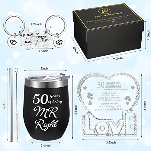 5 Pcs 50th Anniversary Wedding Gifts Set 50 Years Mr Right Mrs Always Right Insulated Wine Tumbler Heart Marriage Keepsake 50 Years Down Forever to Go Puzzle Keychain with Gift Box for Parents Couples