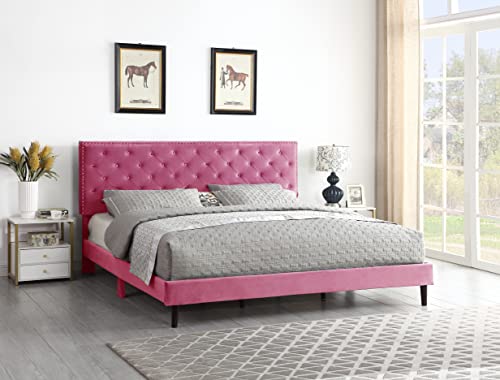 King Upholstered Platform Bed Frame with 48" Tall Adjustable Headboard - Button Tufted Suede Velour Bed- Wood Slat Support with Storage Space - No Box Spring Needed - Pink - OLIVER & SMITH - Princeton