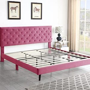 King Upholstered Platform Bed Frame with 48" Tall Adjustable Headboard - Button Tufted Suede Velour Bed- Wood Slat Support with Storage Space - No Box Spring Needed - Pink - OLIVER & SMITH - Princeton