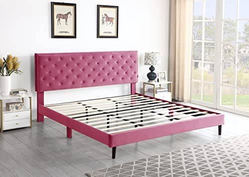 King Upholstered Platform Bed Frame with 48" Tall Adjustable Headboard - Button Tufted Suede Velour Bed- Wood Slat Support with Storage Space - No Box Spring Needed - Pink - OLIVER & SMITH - Princeton